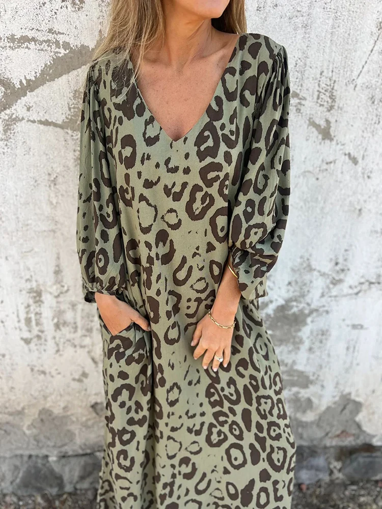 Primavera mujer manga larga estilo Casual Material de poliéster 2025 nueva moda estampado patrón de leopardo vestido suelto con cuello en V