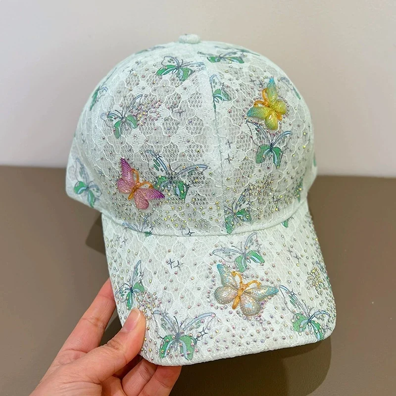 2026 Damen-Baseballkappe mit Schmetterlings-Spitze und Strass: Sommerlicher Sonnenschutz, Atmungsaktiv, Frühling/Sommer Reise-Sonnenhut