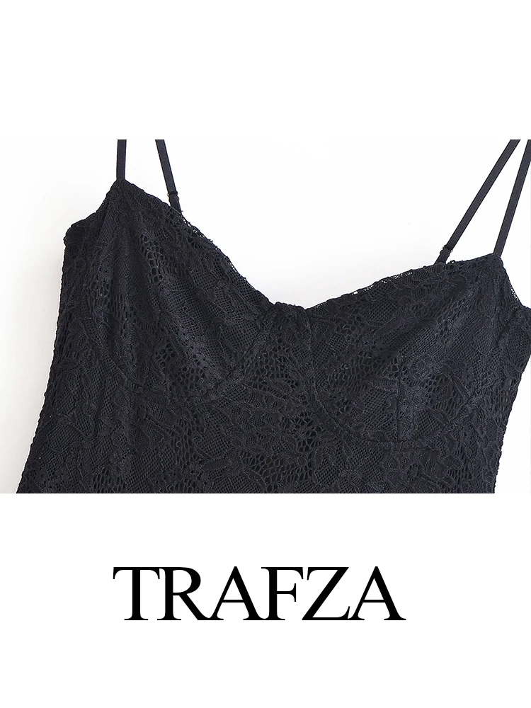 TRAFZA Woman Sexy Translucent Lace Hollow Hem Slit Decorate Midi Dress 2025 Women Elegant Slim Suspender Party Dress Mujer