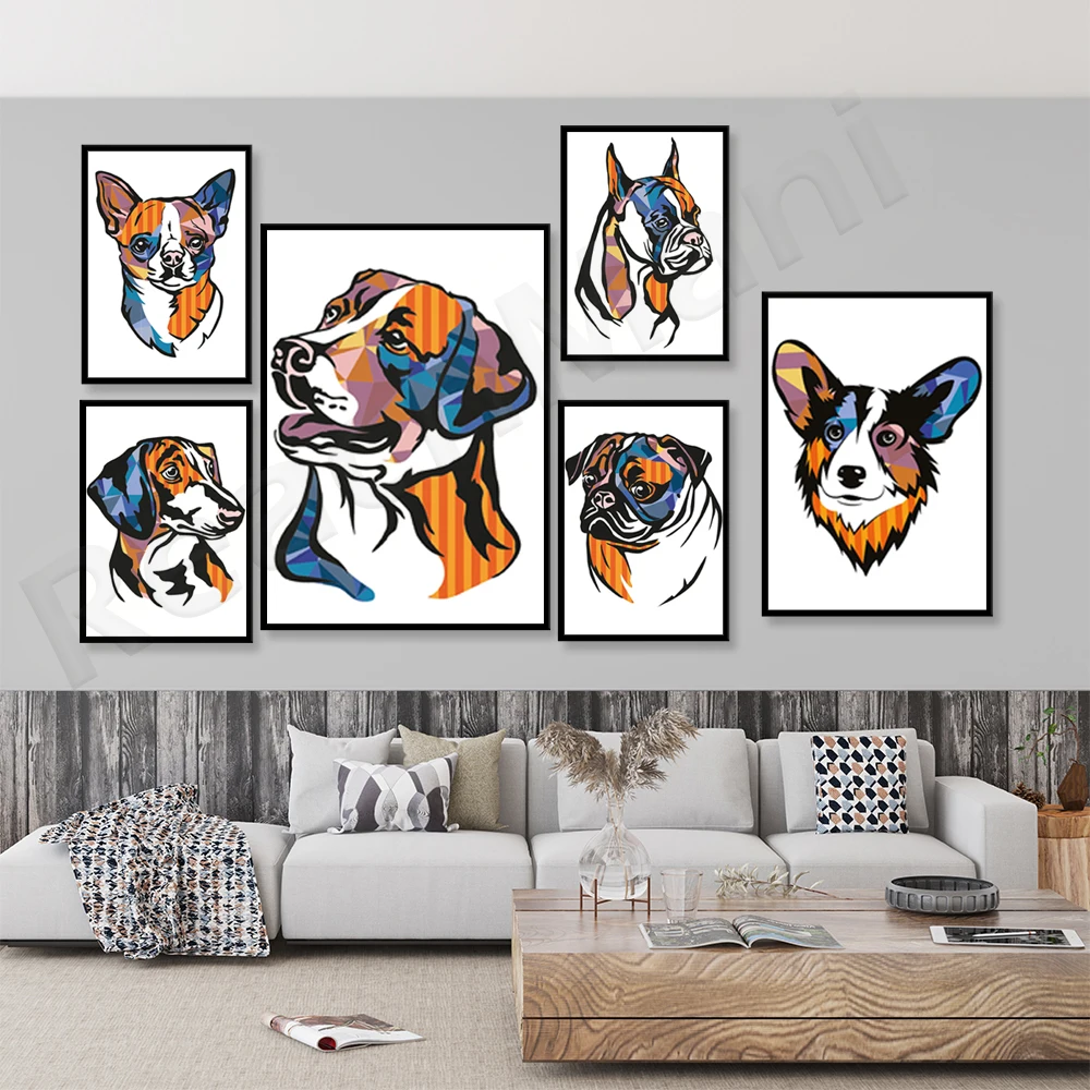 Doberman, Airedale, Beagle, Corgi, Labrador, Chihuahua, Pug, St. Bernard, King Charles multicolor abstract colorful dog poster