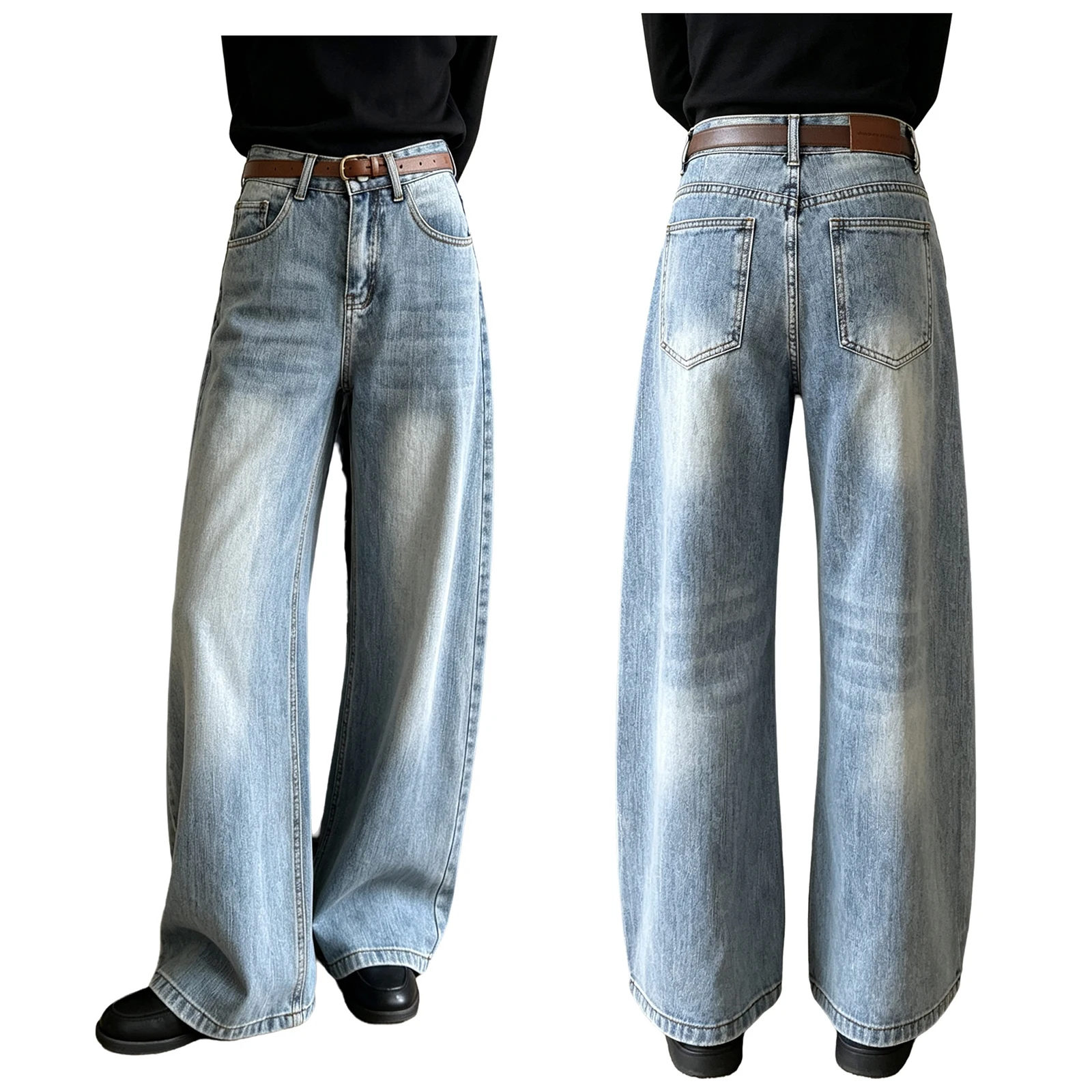 Men Women High Waist Hip Hop Vintage Baggy Y2k Curved‑leg Jeans Fashion Casual Korean Style Denim Pants Streetwear Daily Wear