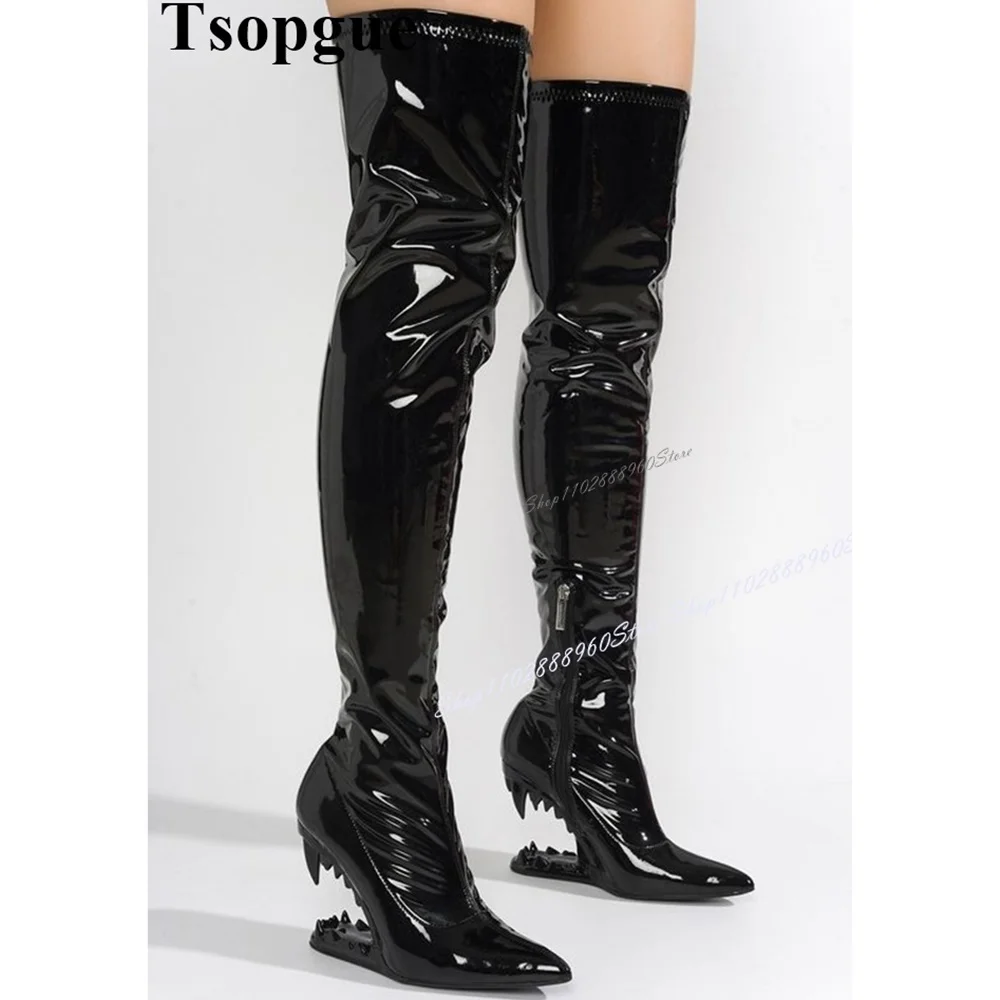 Over The Knee Black Leather Teeth Heel Slim Boots Strange Style Heel Women Shoes Side Zipper Round Toe 2024 Zapatos Para Mujere