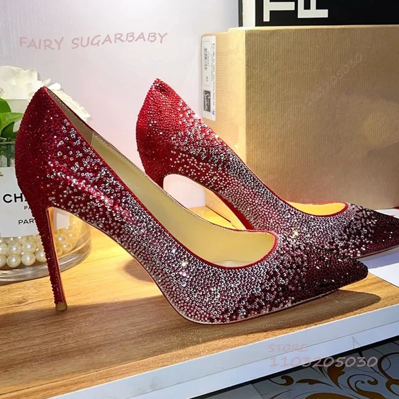 

Red Silver Gradient Crystal Pump Ladies Luxury Dress Pointed Party 12Cm Heels Sexy Sandal Autumn Diamond Trim Bling Catwalk Shoe