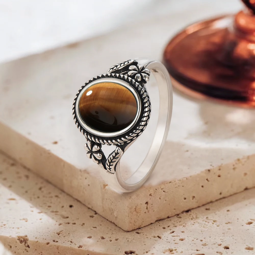 

Sterling Silver 925 Rings Vintage 8x10mm Stone With Flower Index Finger Rings For Women Men Natural Tiger Eye Rings