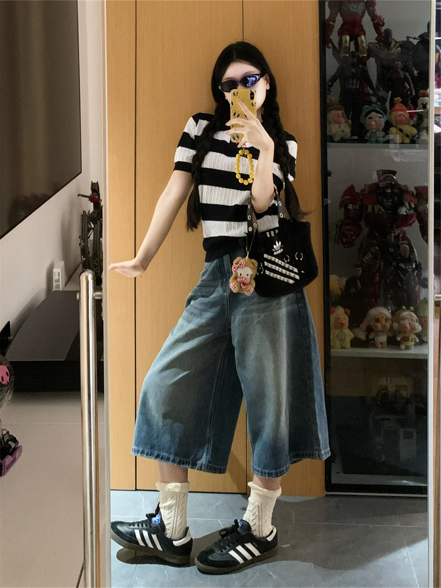 

American Style Vintage Blue Seven-Foot Denim Jeans Women Summer Loose Slimming Fading Wide-Leg Mid-Pants Casual High Waist Co...