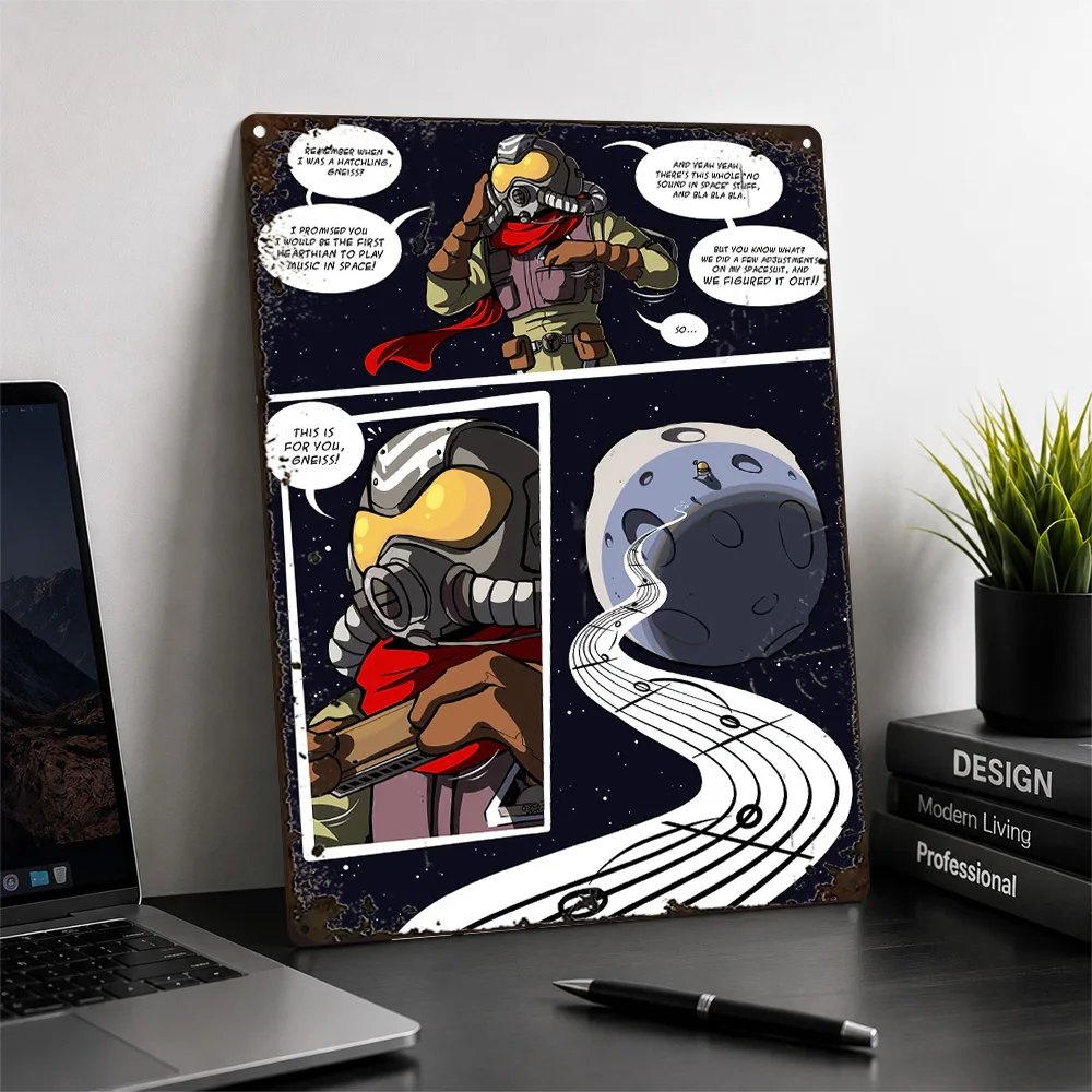 Outer Wilds Hearthian Explorer Textured Metal Poster Comic Wall Art For Home Office Personalized Aluminum Sign Gamer Gift Idea