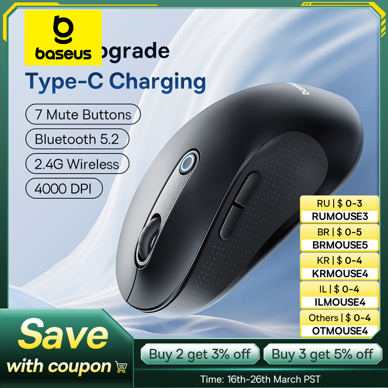 Baseus Rechargeable Wireless Mouse Type-C Charging Bluetooth 5.2 4000 DPI Computer Laptop Mute Mice Ergonomic Mouse