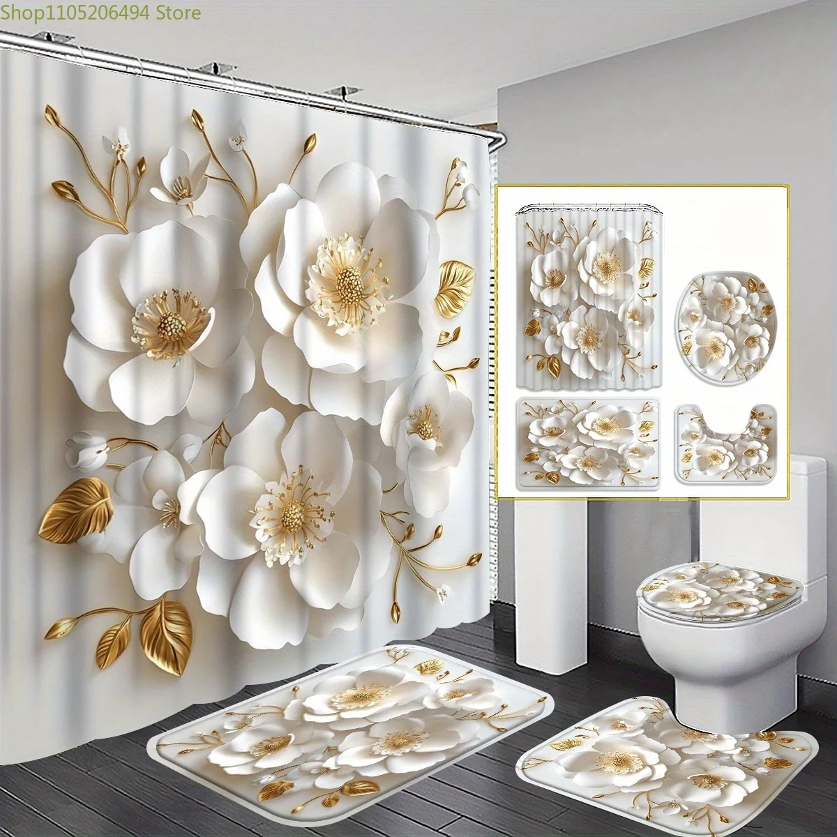 

1/3/4pcs Golden and White Floral Shower Curtain, Elegant Floral ArranSynthetic Gemstoneent, Sophisticated Bathroom Decor, Show