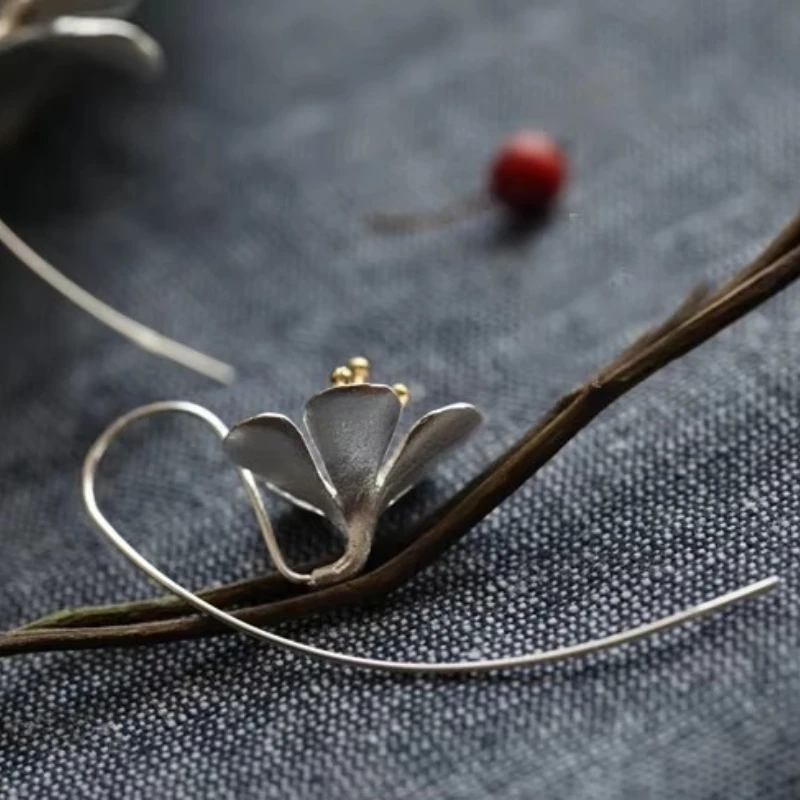 925 Sterling Silver Flower Long Tassel Earrings For Women Thai Process Elegant Lady Sterling silver jewelry