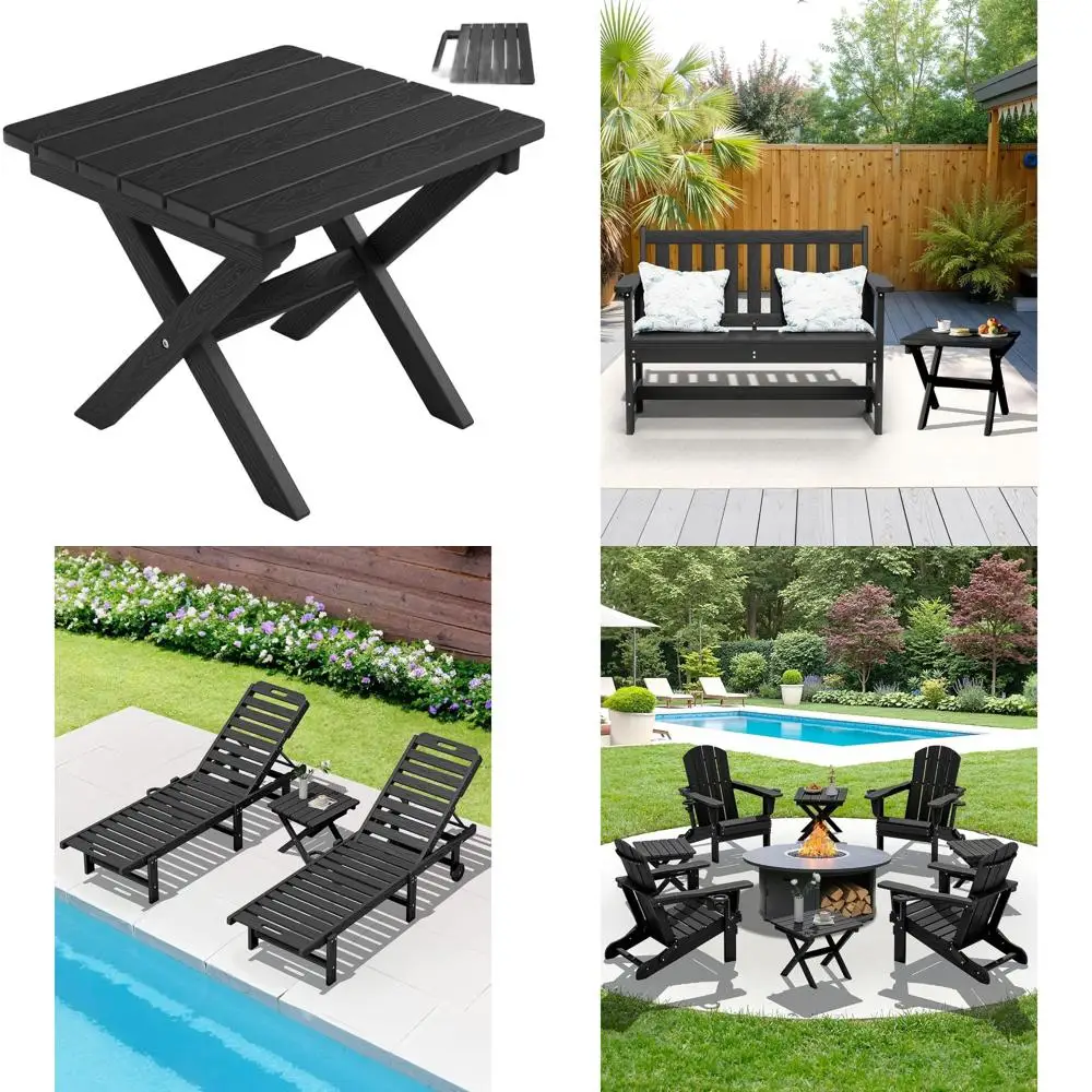 Portable Black HDPE Outdoor Side Table, Folding Adirondack Style End Table