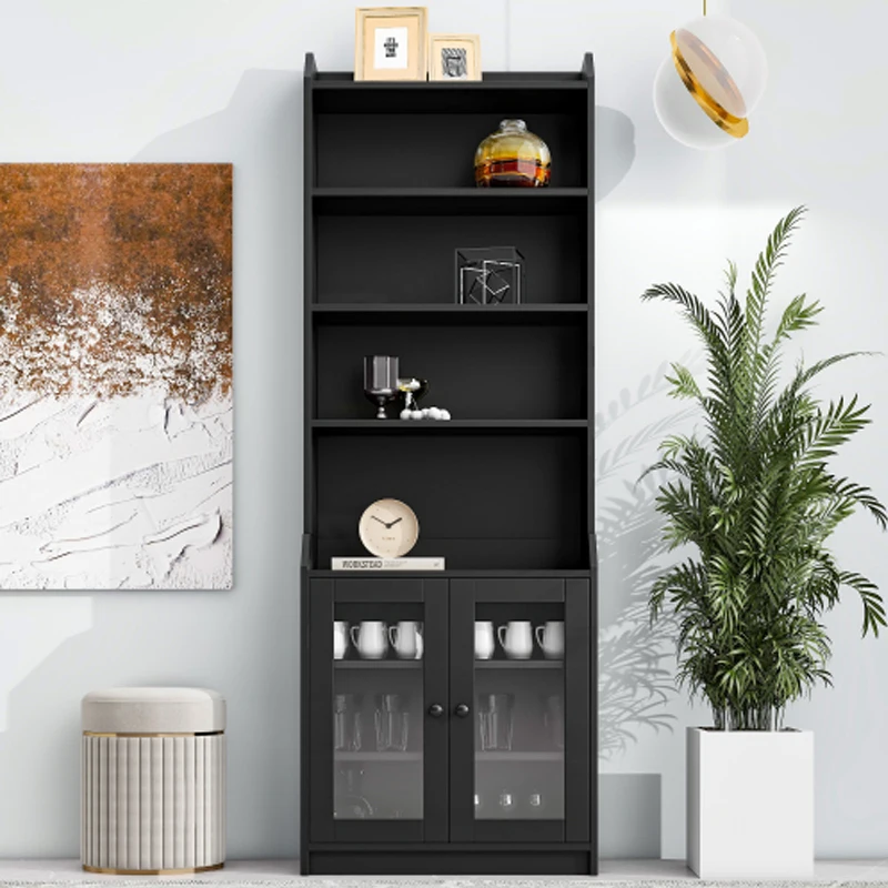 ON-TREND Elegant Tall Cabinet with Acrylic Board Door, Versatile Sideboard with Graceful Curves, Contemporary Bookshelf, Black