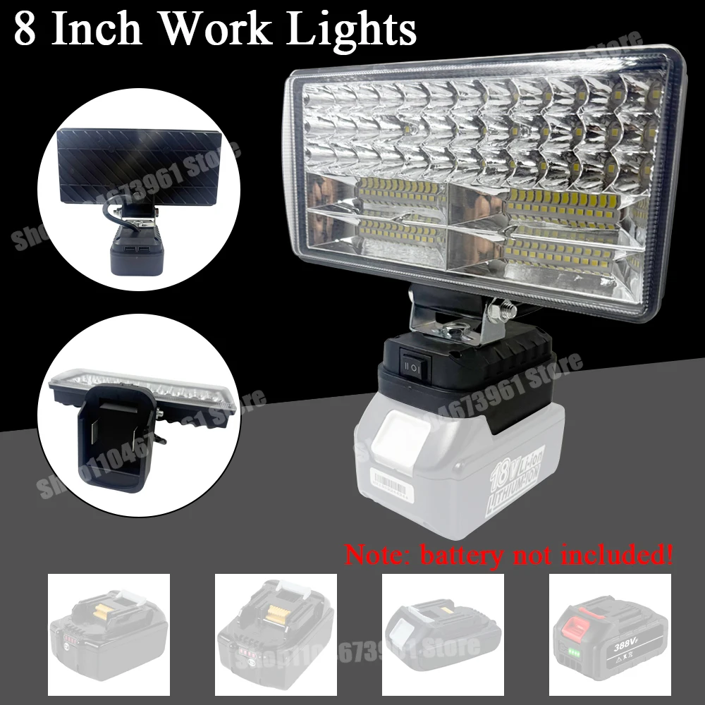 8 Inch LED Work Lights Camping Lamp Flashlights Spotlights for Makita BL1830 BL1815 18V Lithium Battery USB Charger Power Bank