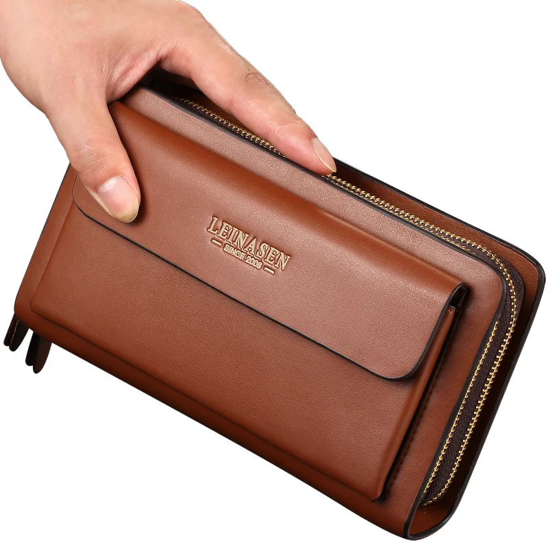 Commuter male business double zipper handhold soft leather long large capacity mobile phone wallet receiver handhold wallet
