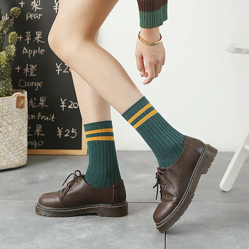 Autumn and Winter New Women's Socks Japanese Two Bar Cotton Mid-calf Socks Double Needle College Style Ladies Stacked Socks