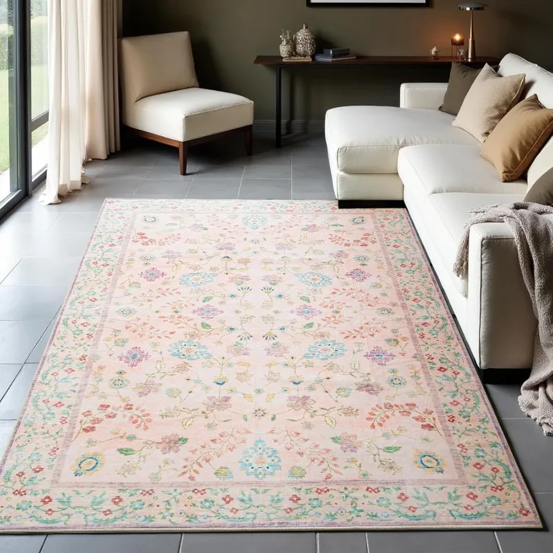 

Pink Floral Living Room Carpet Colorful Modern Simple Foldable Machine Washable Bedroom Bedside Rug Soft Sofa Floor Mat Alfombra