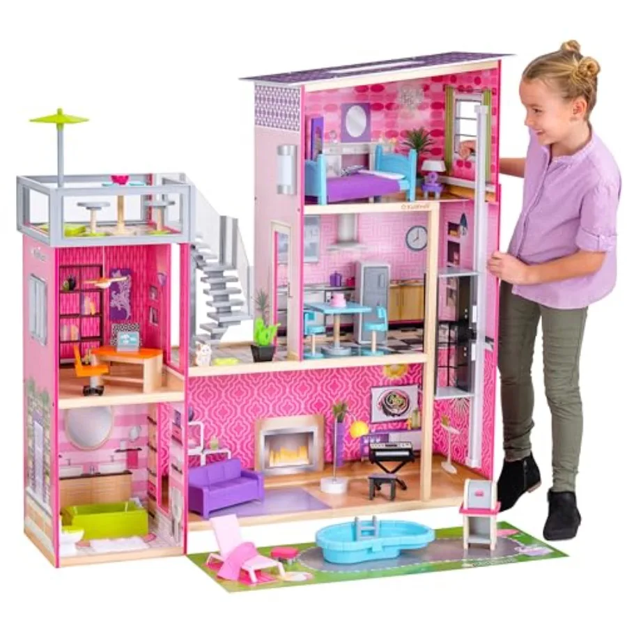 

Uptown Wooden Modern Dollhouse with Lights and Sounds, Pool and 36 Accessories