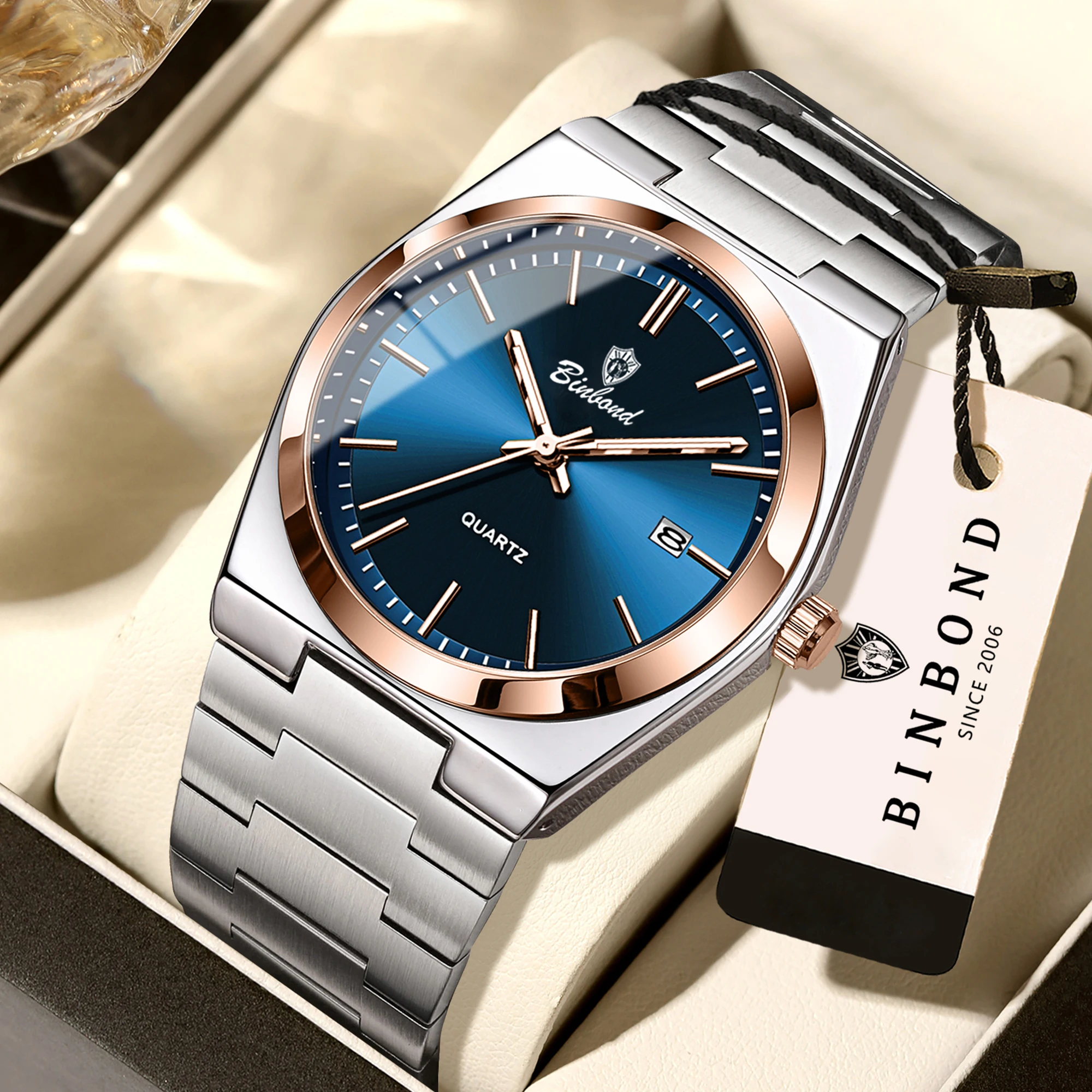 BINBOND Watches for Man Auto Date Luminous Water-Resistance 3AT Stainless Steel Bracelet B102-2 Simple Quartz Wristwatches