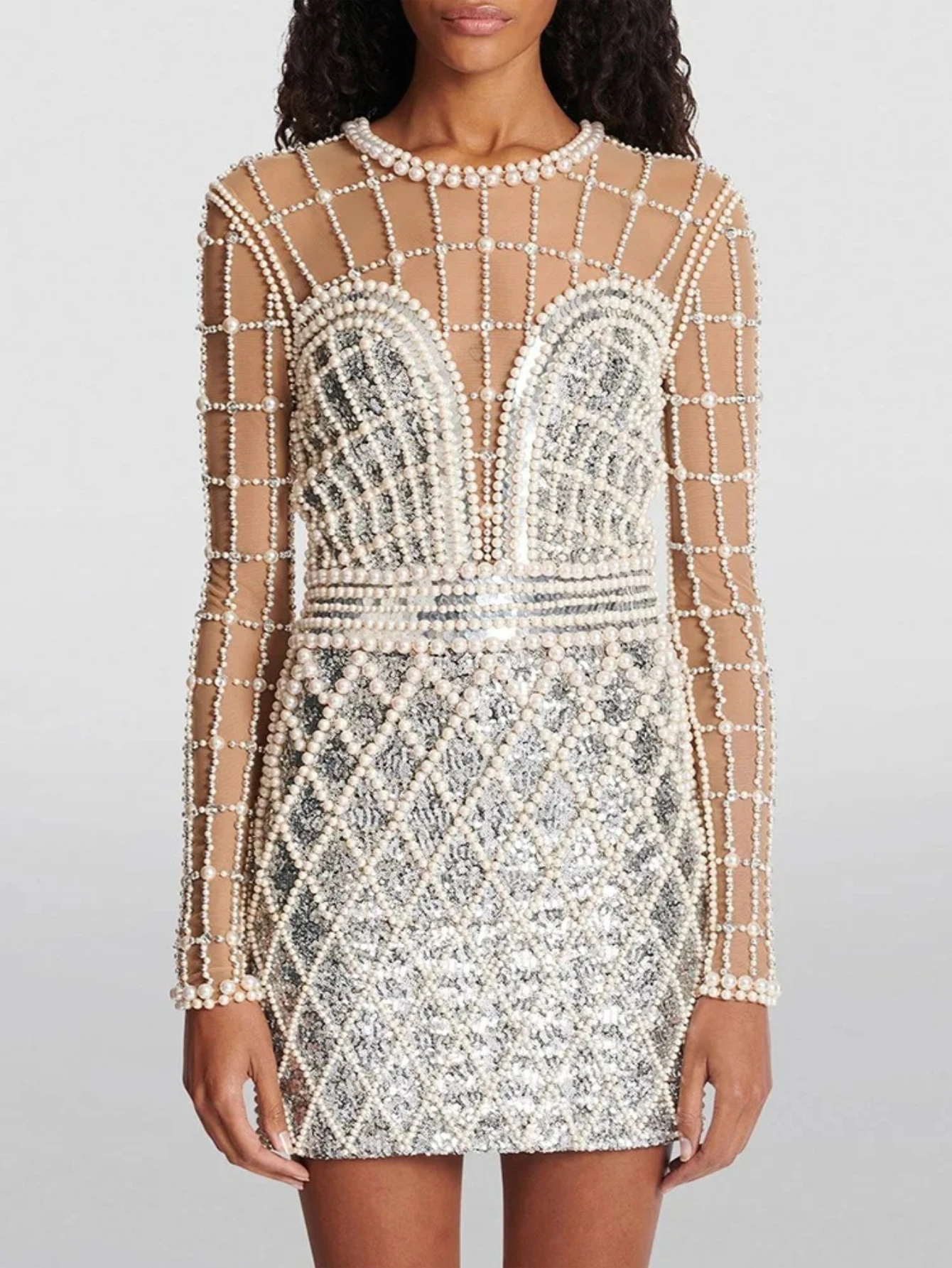 

Newest 2025 Designer Fashion Women's Stunning Diamonds Pearls Beaded Sequined Long Sleeved Gauze Dress