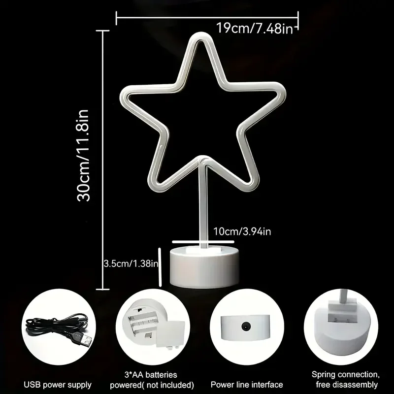 Letrero de luz de neón de estrella 2025, luces LED de diseño, luces de figura alimentadas por USB y con batería, decoración del hogar, luces de noche de mesa