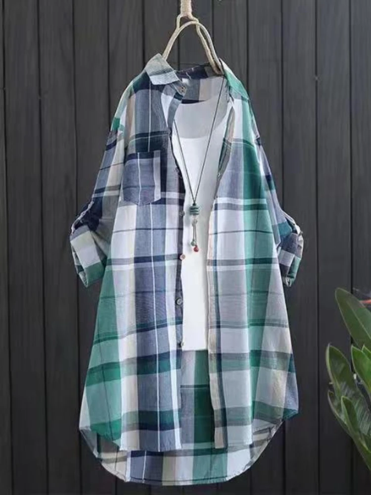 Cotton Plaid Mid Length Blouses Autumn Casual New Loose Button Blouses Women Korean Fashion Long Sleeve Winter Elegant Shirt