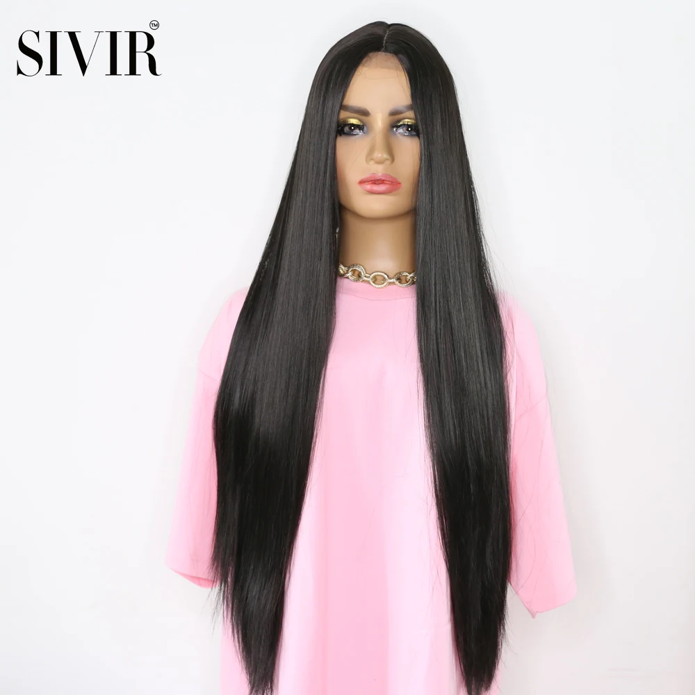 Sivir Synthetic Wigs for Women Long Straight Black color Middle Part Lace Hair Heat Resistant Fiber Natural Looking