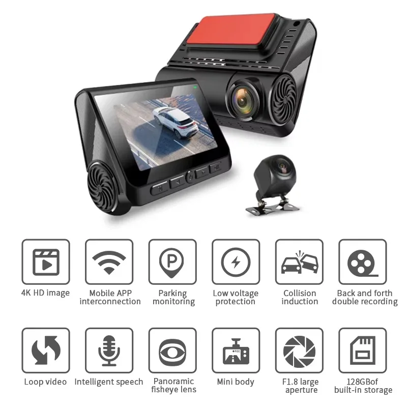 2 Channels  3'' IPS Screen WIFI Dash Cam AHD Front Rear and Inner Camera Car Video Recorder Dvr Black Box Driving Record for Car