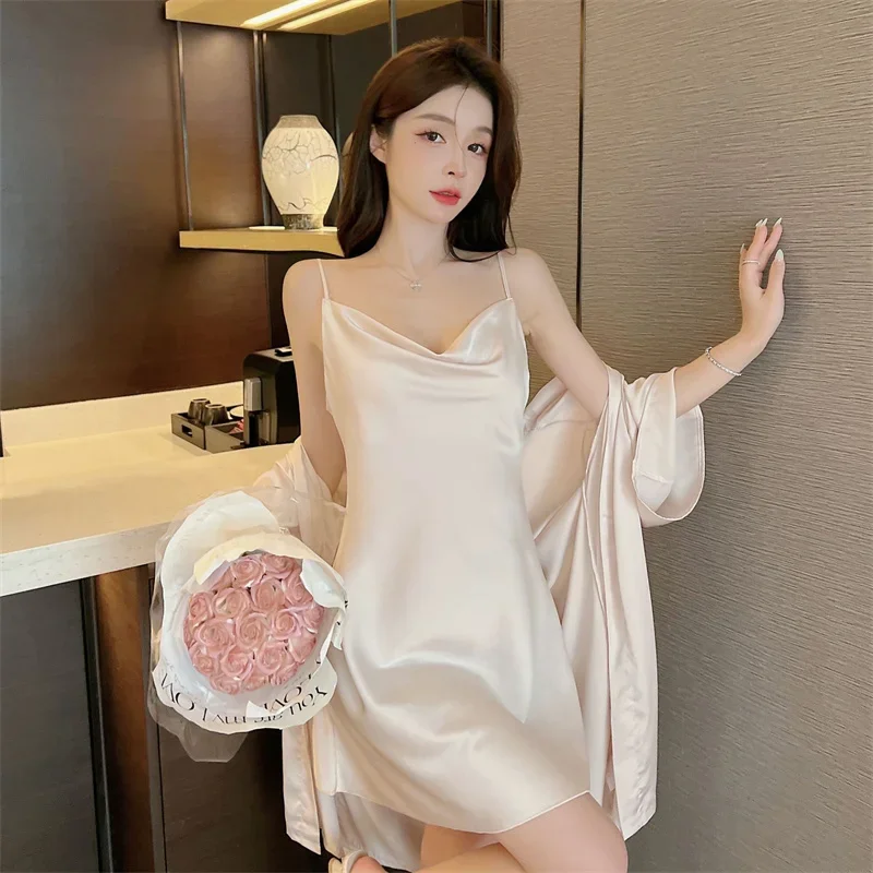 

Solid Pajamas Women Home wear Ice Silk beautiful back Side Split Swing Neck Bottom Sling Dress Bathrobe Sleepwear