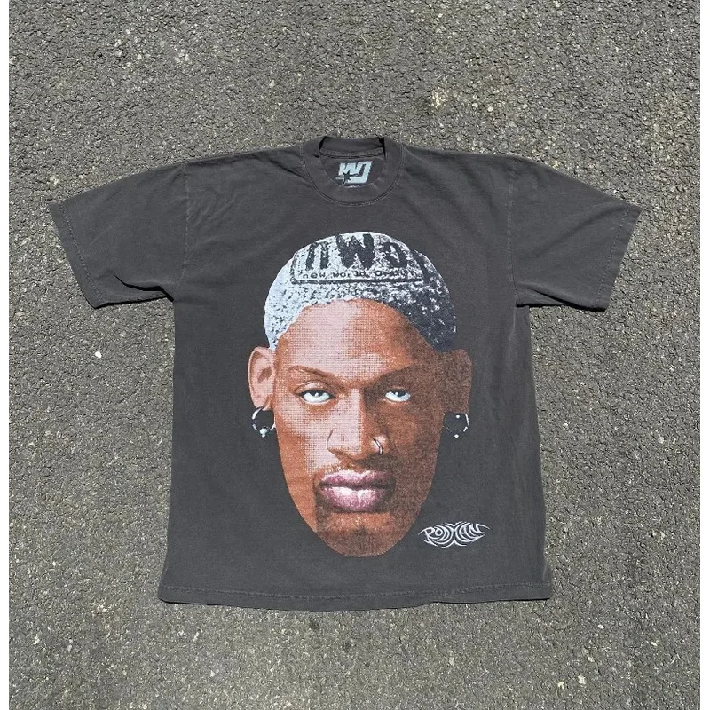 

Y2k Top Harajuku Fashion Personality Portrait Print Short Sleeve T-shirt Men 2024 Goth Casual Loose Oversized Shirt