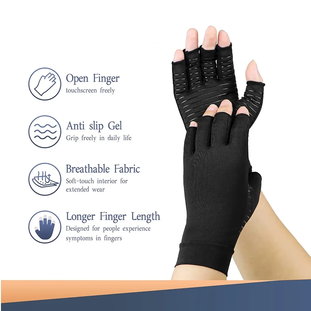 1Pair Copper Arthritis Compression Gloves Fingerless for Carpal Tunnel, Rheumatoid,Tendonitis,Computer Typing,Support for Joints