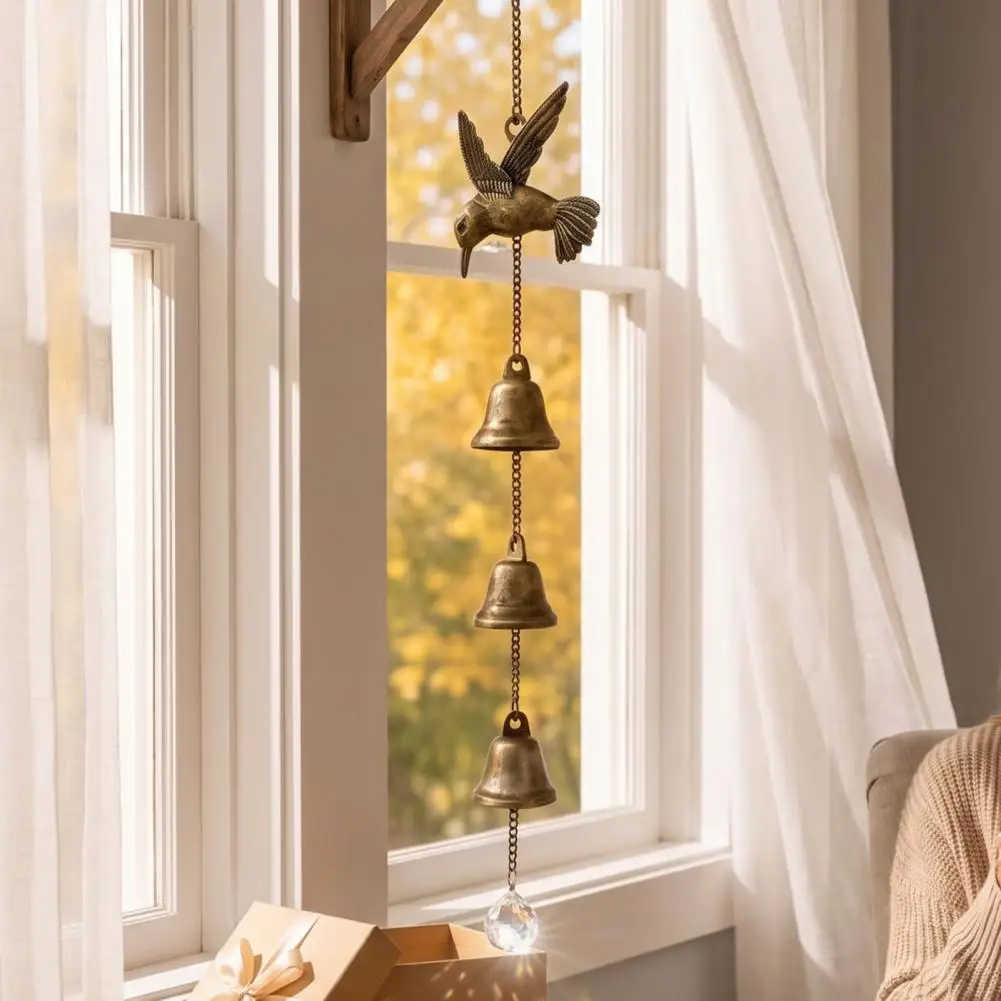 Vintage Hummingbird Wind Chime, Metal Hanging Ornament with Bells & Crystal Suncatcher, Rustic Wind Bell Garden Decor