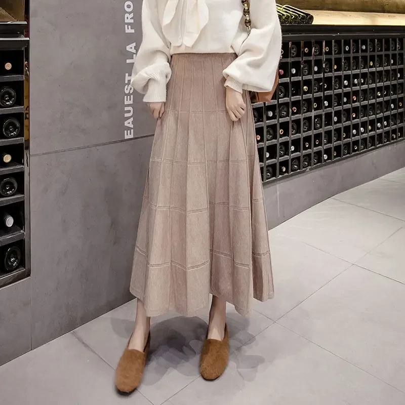 Knitted Skirt for Women Long Pleated Skirt Autumn and Winter Drapey Square, Mid-length Woolen Skirt