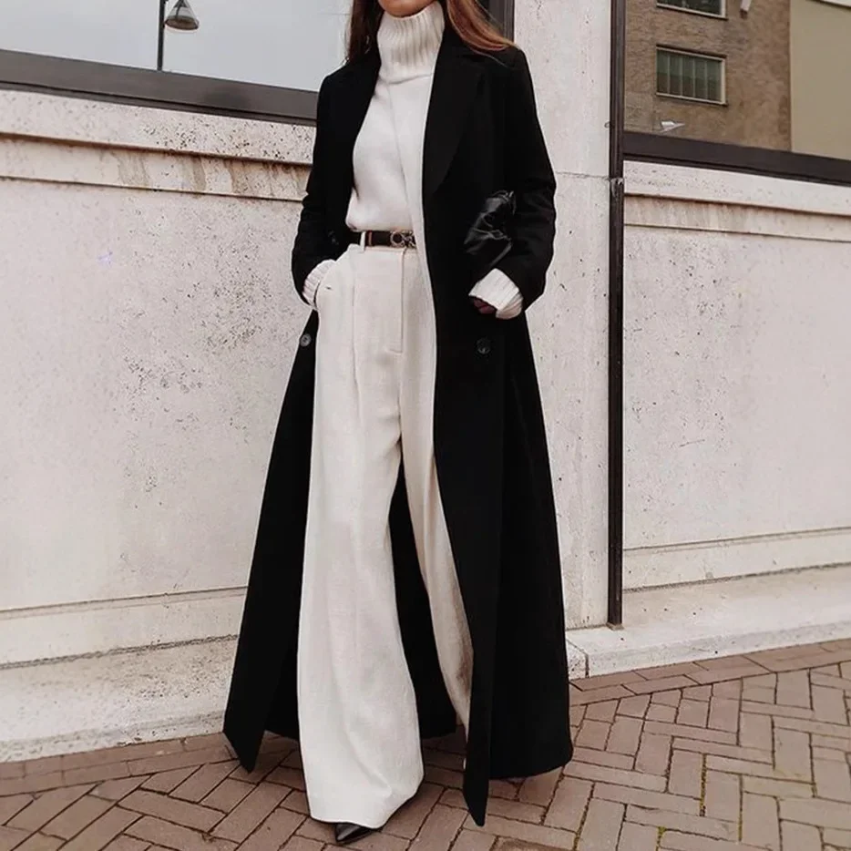 Overcoat Blends Solid Women Wool Jackets Cardigan Coats Ankle Length Outerwear Long Sleeve Turn Down Collar High Street
