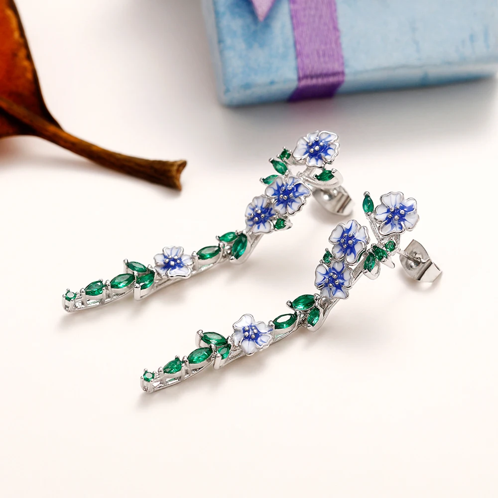 Huitan Vintage Enamel Flower Dangle Earrings Women Temperament Blue Trumpet Flower Long Earrings Wedding Party Aesthetic Jewelry