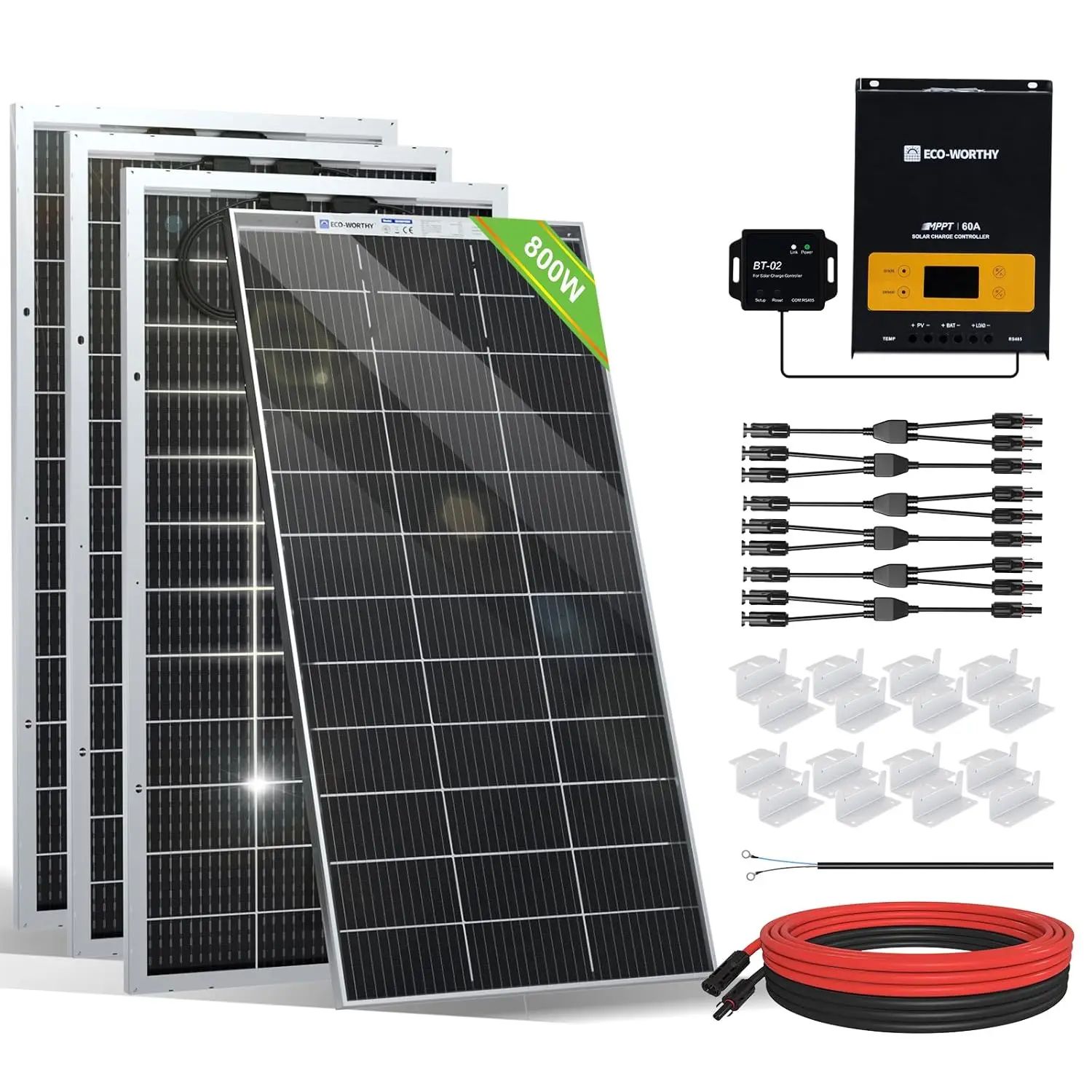 800 Watts Solar Panel Off Grid RV Boat Kit: 4pcs Bifacial 195W Solar Panels + 12V 60A MPPT Charger Controller+ Bluetooth Module