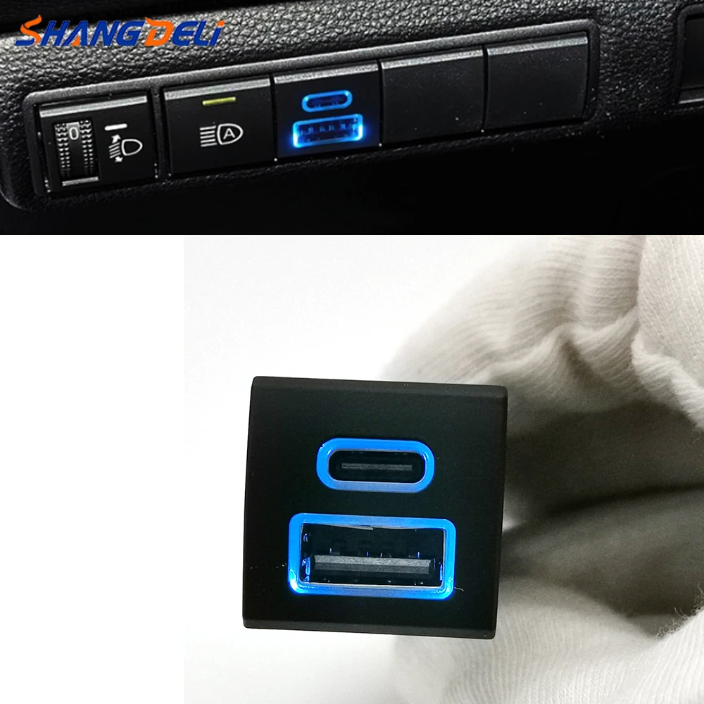 

12V/24V Blue LED Car USB QC3.0 Type-C PD Dual Ports Phone Charger Socket For Toyota Highlander Rav4 Camry Corolla 18-22