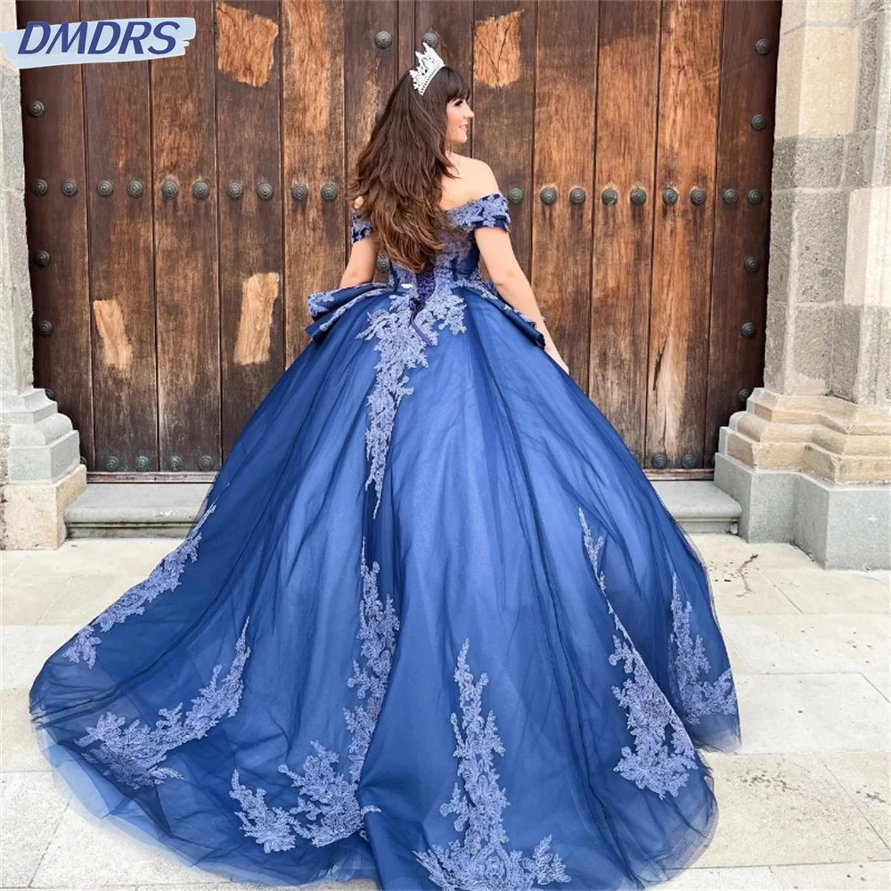 Romantic Blue Glitter Sweetheart Ball Gown Quinceanera Dresses Charming Off The Shoulder Applique Lace Beading Corset Vestidos