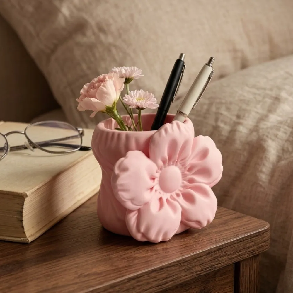 Desktop Organizer Puff Flower Pen Holder Stationery Storage Makeup Brush Bin Cherry Blossom Ornament Stable Pen Container