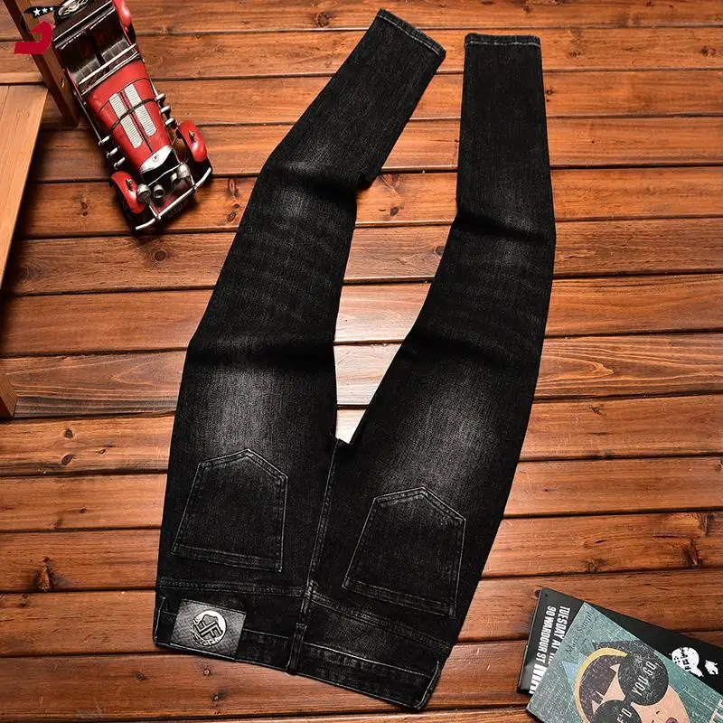 Street Fashion Jeans Black and Gray for Men Embroidered Stretch Slim Fit Skinny Street Fashion Skinny Long Pants Autumn