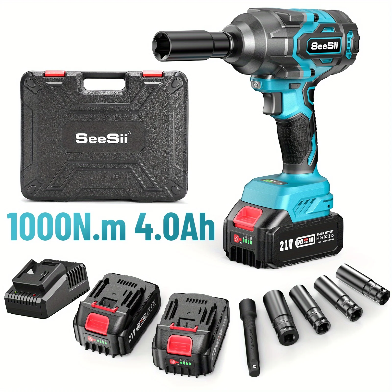 

Seesii 1000Nm High Torque Cordless Impact Wrench 1/ 2" Brushless Electric Wrench Fast Charger 5 Sockets for Car Truck Repairs