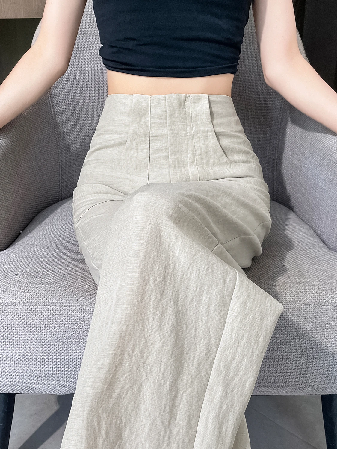 

High Waist Wide Leg Pants Women's Summer Thin Linen Pants Casual Straight Cut Suit Pants Ice Silk Cotton Linen Drapey