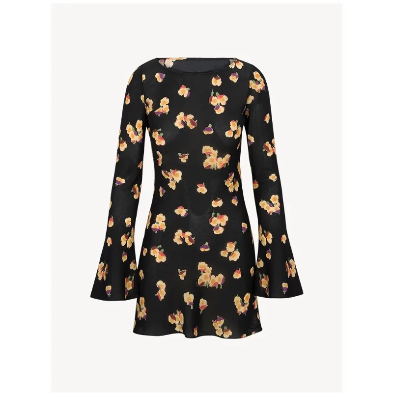 

2023 Latest High Quality Black Long Fare Sleeve Printing Mini Dress Women for Holiday