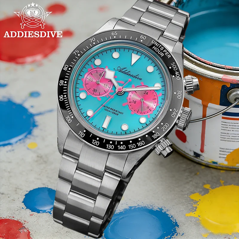 

ADDIESDIVE VK64 Chronograph Watch Men 40mm Quartz Watches Luminous Ceramic Bezel Bubble Glass 100m Waterproof Wristwatch AD2520