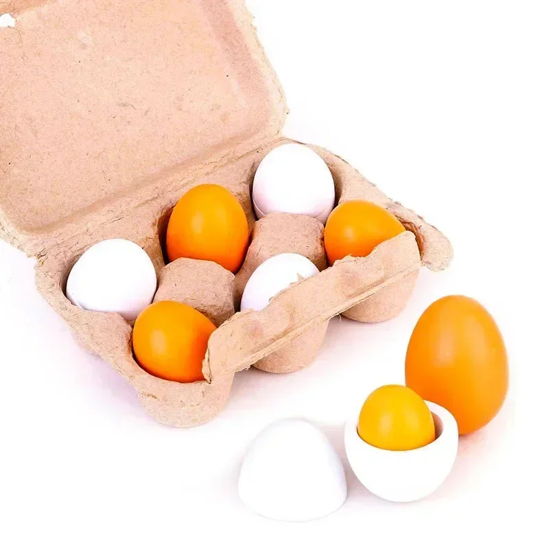 Juego de juguetes de simulación de huevos de madera para niños, juego de simulación de comida de madera, yema de huevos, comida de cocina, juguetes educativos Montessori para chico, 6 uds.