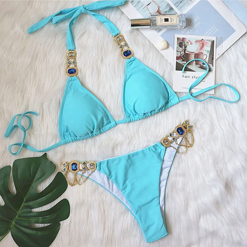 DEAT 2024 Summer Fashion Trendy Beach Vocation Swimsuit New Diamonds Chain Halter Bandage Solid Color Bikini Set Female 11XX9172