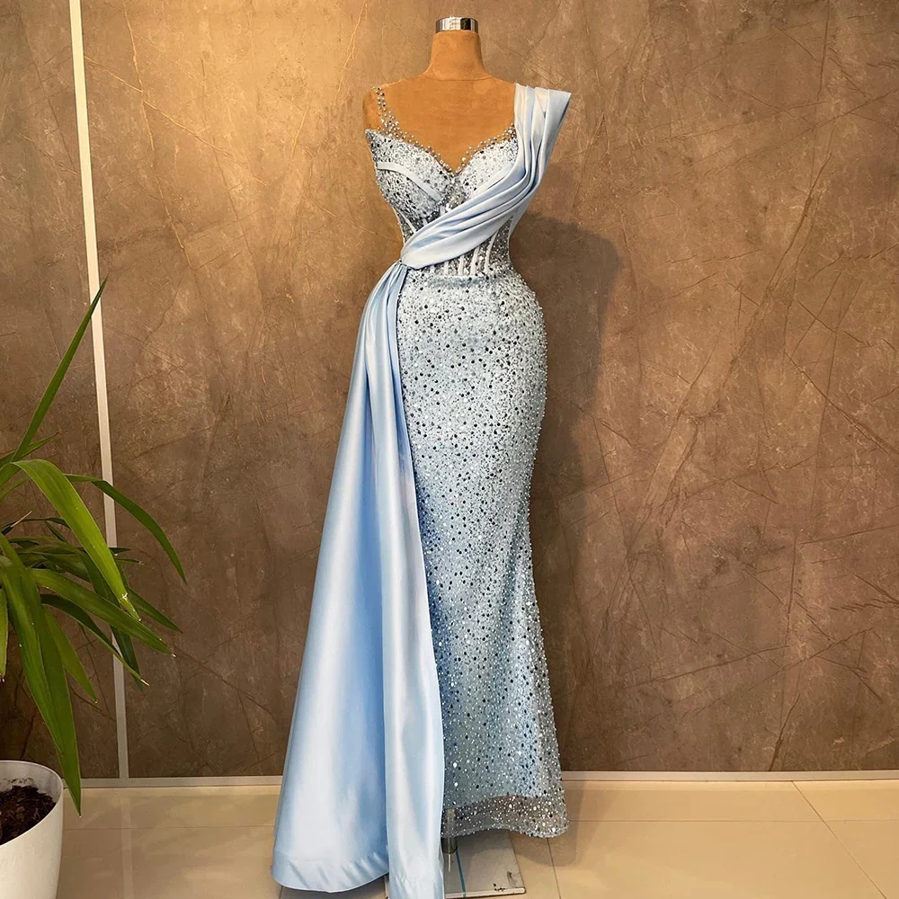 Elegant Sky Blue Mermaid Crystal Diamond Evening Gowns One Shoulder Sleeve Satin Sweetheart Party Formal Occasion Gresses