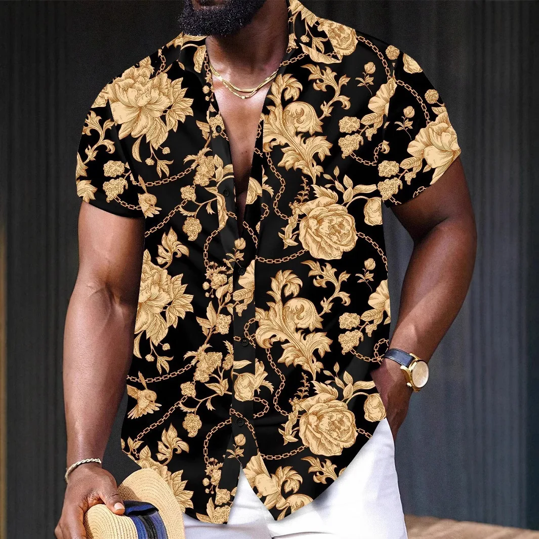 

2025Men's Short Sleeved Shirt with Digital Print Loose Top, Fashionable and Trendy Button Up Short Sleeved Collar Shirt