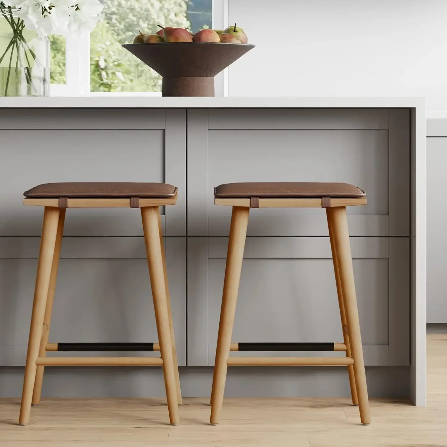 

Set of 2 Barker Classic Counter Height Wood Barstool with Leather Removable Cushion, Backless Island 24" Bar Stool for Kitchen