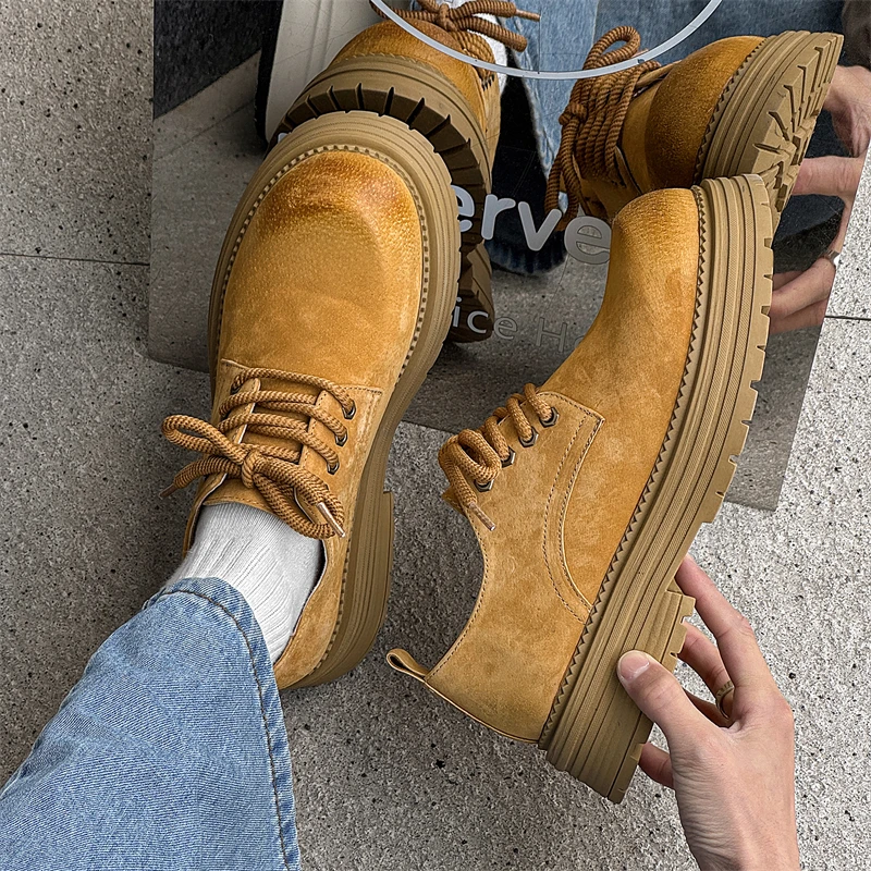 

Мужские низкие рабочие ботинки 2025 года, новые, в британском ретро-стиле, с массивным носком, на толстой подошве, повседневные, кожаные, увеличивающие рост