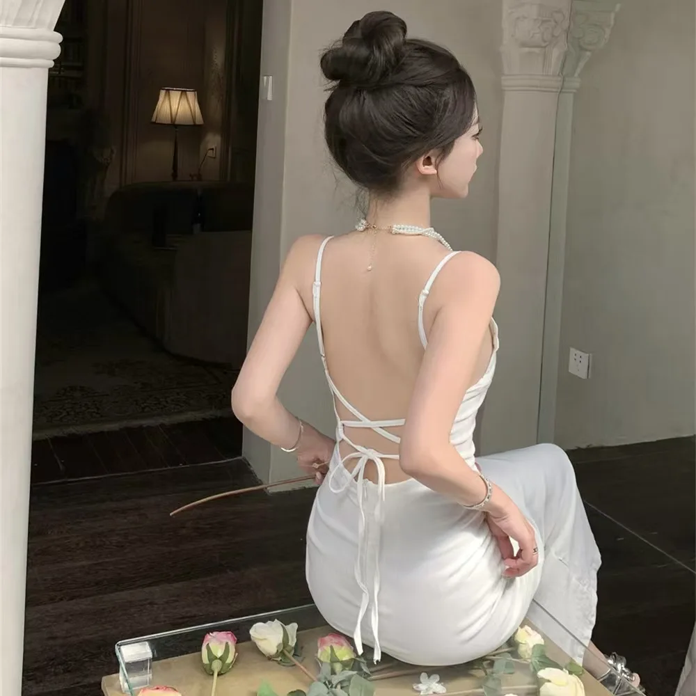 Sexy silky hollow out backless strap adjustable camisole dress slim fit hip hugging slit long dress banquet dress