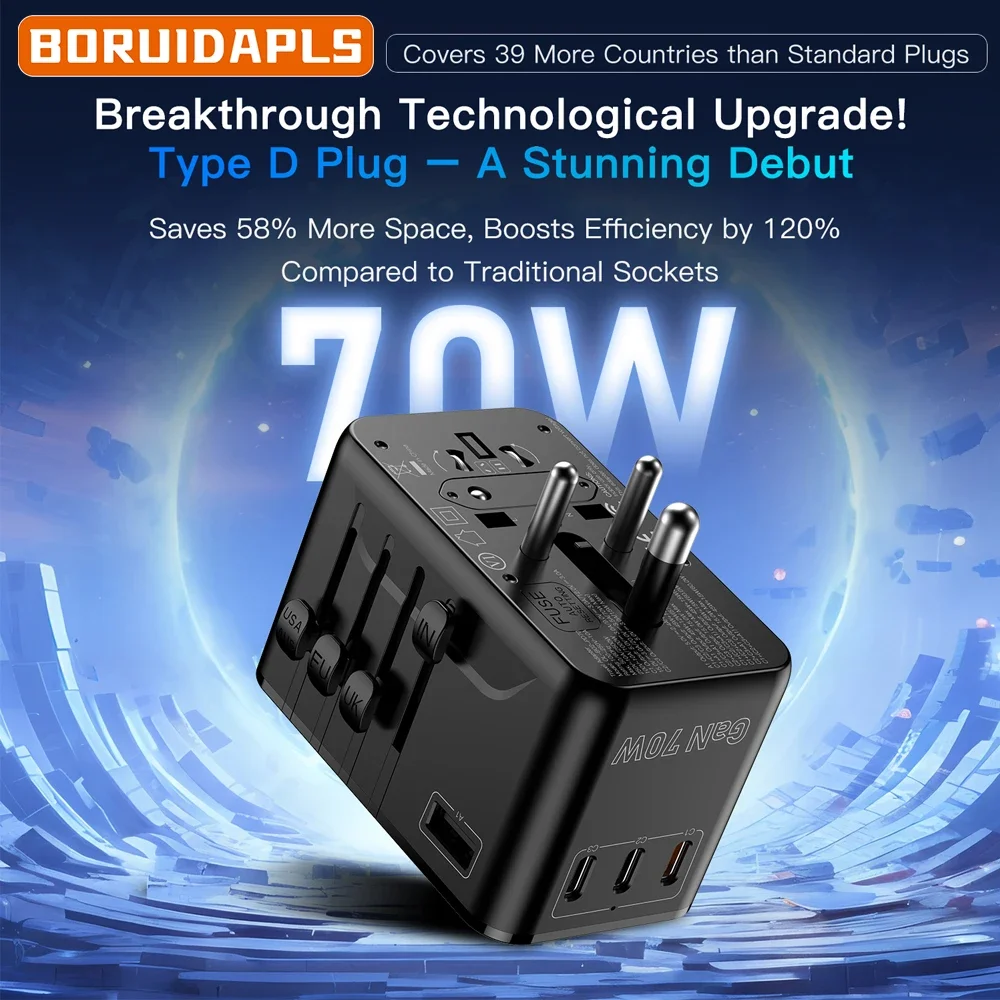 

BORUIDAPLS International Universal Travel Charging Adapter GaN 70W Fast Charger 1USB+3Type-C with EU AUS USA UK IN Travel Plugs